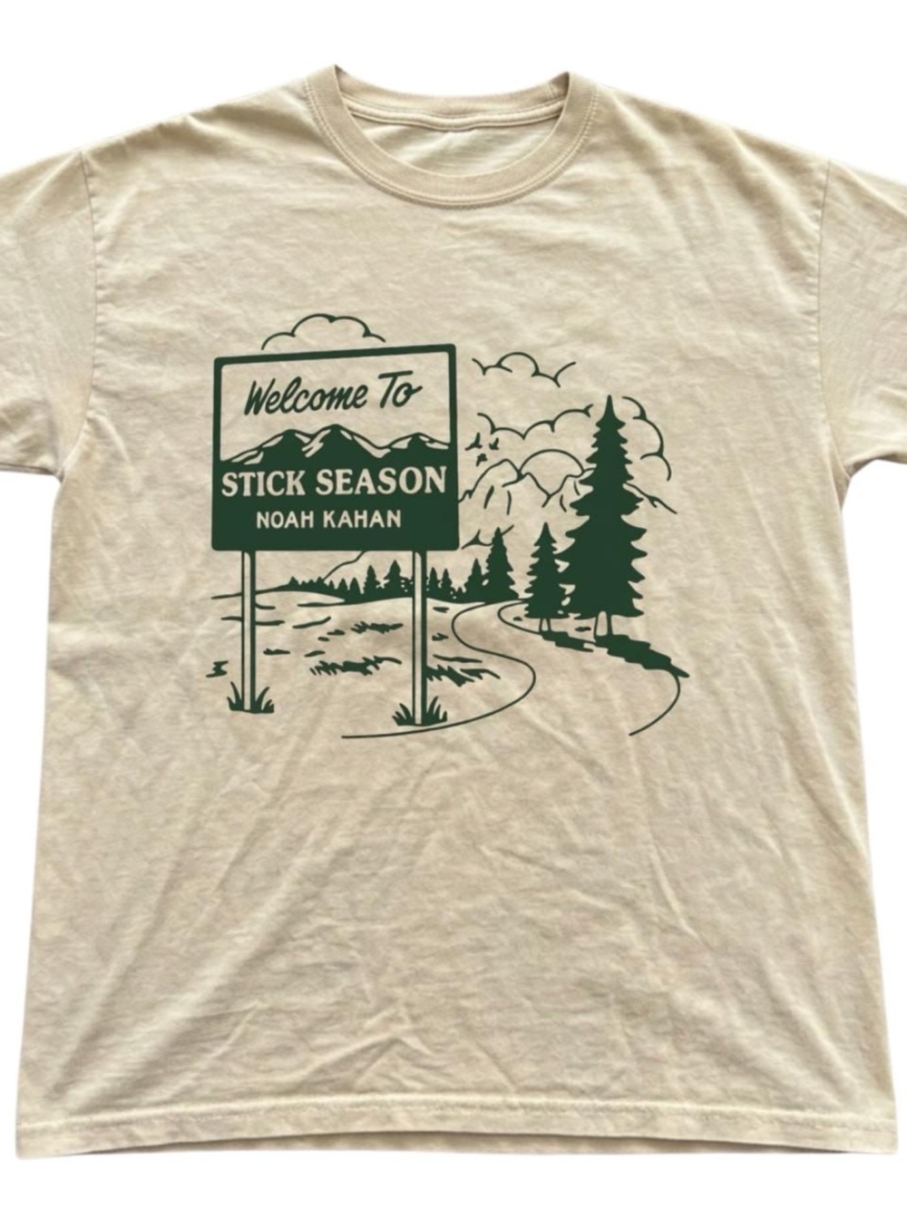 Gildan off white Short Sleeve Tee with Dark Green Stick Season, Noah Kahan shirt